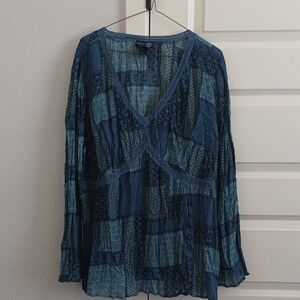 Venezia Long Sleeve Blue Semi Sheer Boho Top.  Size 22/24